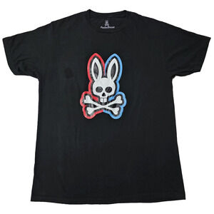 Psycho Bunny Men's Large Black T-Shirt Red Blue Outline Bunny Logo Pima Cotton